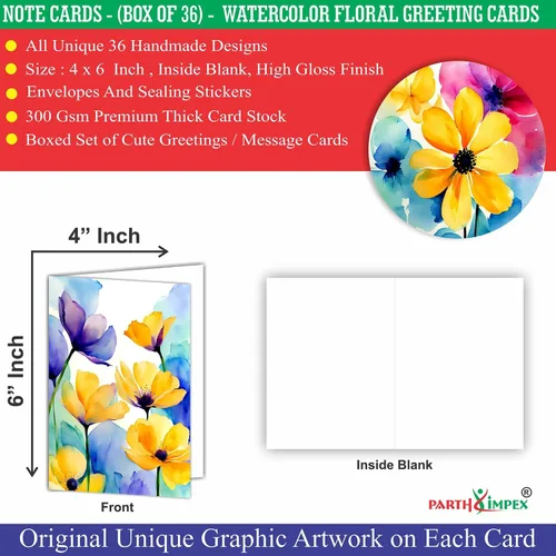 Miniatura 2 de PARTH iMPEX 36 tarjetas de notas florales en blanco con sobres - 10x15 cm Tarjetas de felicitación para todas las ocasiones, flores de acuarela