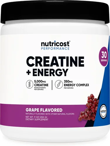 Nutricost Creatina + Energía 30 porciones (sabor a uva) – 5,000 mg de monohidrato de creatina + 350 mg de complejo energético por porción