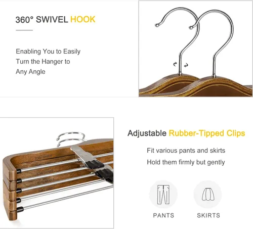 Miniatura 3 de TOPIA HANGER Perchas de madera para pantalones, perchas delgadas de madera natural para faldas con gancho antioxidante y clips de metal ajustables