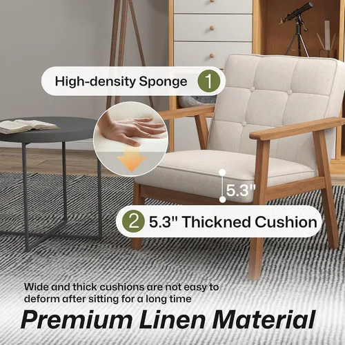Miniatura 6 de Silla decorativa moderna con reposabrazos, silla de ocio tapizada de tela de lino con botón de respaldo y marco de madera para sala de estar, Beige