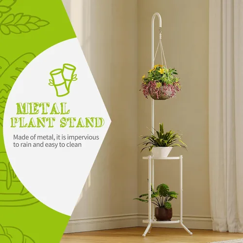Miniatura 2 de BMOSU - Soporte para plantas con ganchos para interiores y exteriores, soporte alto de metal resistente de 3 niveles para patio, jardín, balcón