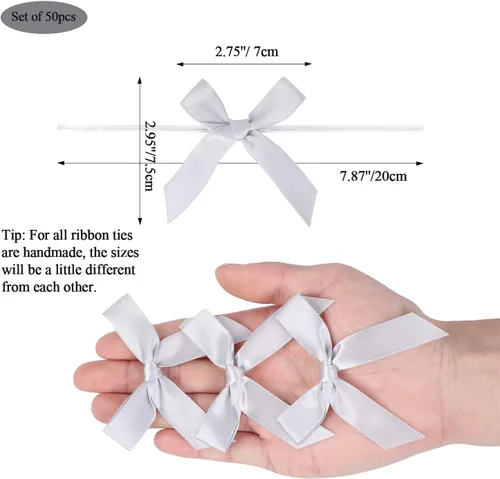 Miniatura 3 de Paquete de 50 Lazos de Cinta de Satén Plateado con Alambre Retorcido para Bolsas de Golosinas, Bolsas de Regalo, Bolsas de Dulces de Panadería