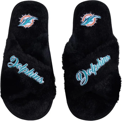 Miniatura 24 de FOCO Pantuflas deslizantes cruzadas mullidas con logotipo de texto del equipo NFL para mujeres