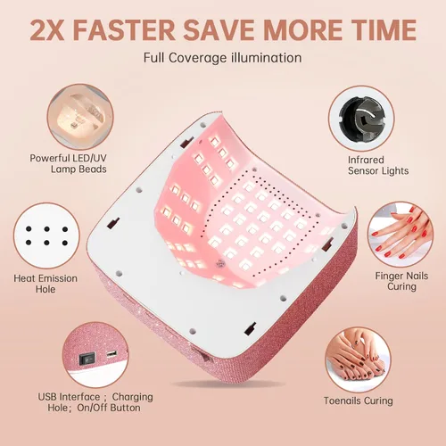Miniatura 2 de Lámpara de uñas LED UV inalámbrica de 96 W, luz UV recargable para uñas de gel con 3 ajustes de temporizador, secador de uñas profesional de secado