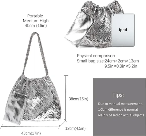 Miniatura 6 de Bolso de mano tejido para mujer, bolso de mano de cuero vegano, bolsos grandes con bolso, bolsa de hombro, estilo hobo casual