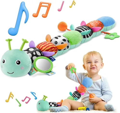 HEMRLY Juguetes Sensoriales para Bebés de 0 a 6 Meses, Oruga Musical de Peluche con Mordedor, Papel Arrerugado, Sonajero, Espejo para Bebé para Azul