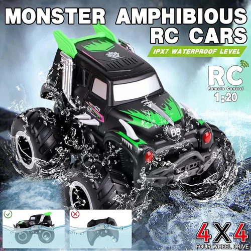 Miniatura 4 de Coches de control remoto anfibios, 1/20 Stunt RC Rock Crawler Monster Truck Toy con dos baterías recargables alternativas, vehículos todoterreno 4WD