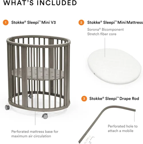 Miniatura 3 de Stokke Sleepi Mini Bundle V3, gris brumoso, incluye Sleepi Mini V3, colchón y barra de cortina, adecuado para edades de 0 a 5 años, ajustable