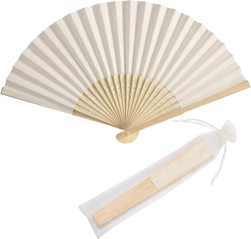 50 abanicos de mano de papel con bolsas de organza, abanicos plegables de mano de bambú para bricolaje, recuerdos decorativos de fiesta de boda Crema