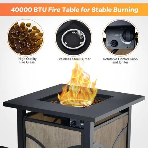 Miniatura 3 de Giantex Mesa de fuego de propano de 25 pulgadas, mesa cuadrada de gas de 40000 BTU con tapa, vidrio de fuego y llama ajustable, aprobada por la CSA