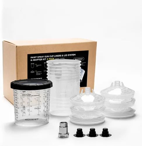 Miniatura 12 de InoKraft Copa para Pistola de Pintura Desechable, Kit Mini de 6 Onzas (180ml) con 6 Copas y Tapas, 1 Copa Rígida con Anillo Retenedor, 3 Tapones
