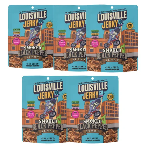 Miniatura 11 de Louisville Vegan Jerky - Carne vegana y vegetariana de pimienta negra ahumada, 0.67 oz de proteína de soja sin OMG, 310 calorías por bolsa