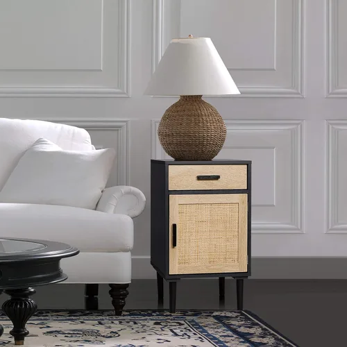 Miniatura 5 de Finnhomy Juego de 2 mesitas de noche altas, mesita de noche, juego de 2 con cajón y estante, puertas decoradas a mano, mesitas de noche con Negro
