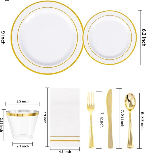 Miniatura 2 de GATHER 350 platos de plástico dorados. El juego de vajilla de plástico desechable blanco y dorado incluye 50 platos llanos, 50 platos de postre, 150