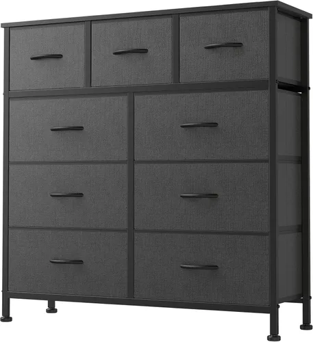Miniatura 24 de DUMOS Cómoda para dormitorio, organizador de almacenamiento con 9 cajones, cómoda con cubos de tela, marco de metal resistente, mesa de madera
