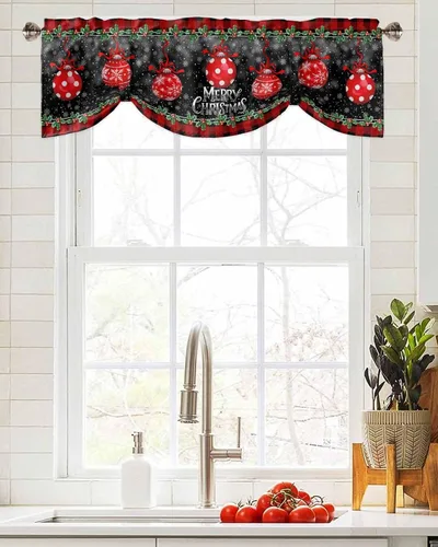 Miniatura 4 de Cenefa de cortina con lazo rojo de Navidad para ventanas, sala de estar, cocina, baño, granja, bolas de Navidad de acuarela con diseño de bayas
