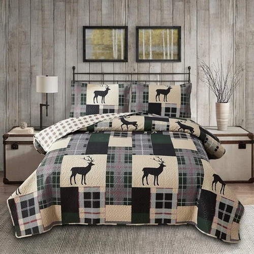 Miniatura 11 de Ycosy Juego de Edredón Rústico Lodge con Alce Ciervo Colcha Tamaño King Oso del Bosque Ciervo Edredón Verde Matcha Reversible Cubrecamas de Cabaña