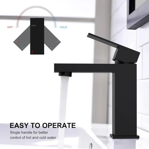 Miniatura 4 de KENES Grifo de lavabo de baño de una sola manija negro mate, grifo de tocador de acero inoxidable para lavabo de baño, con tapón de drenaje