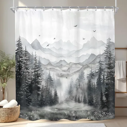 Miniatura 11 de KOMLLEX Cortina de ducha de montaña azul para decoración de baño, 72 pulgadas de ancho x 72 pulgadas de alto, rústico, acuarela, bosque, pino