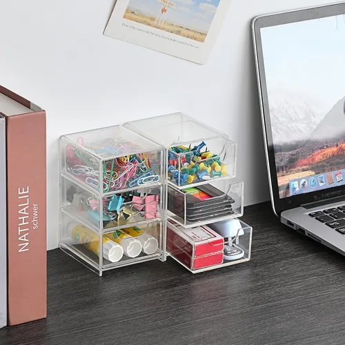 Miniatura 4 de BTSKY Paquete de 1 organizador de almacenamiento de acrílico pequeño con cajones, organizador de escritorio transparente de 3 capas para suministros