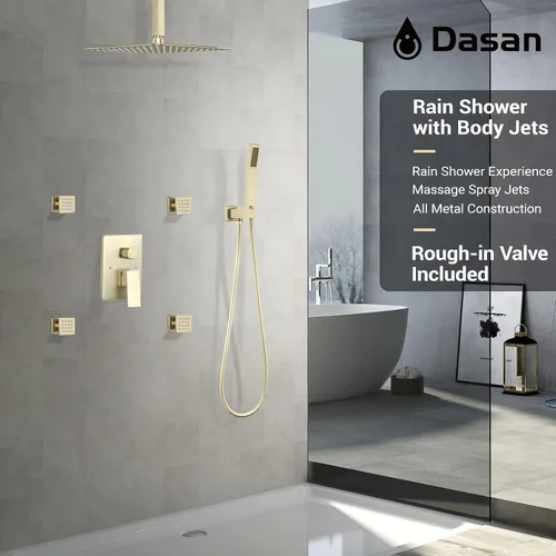 Miniatura 7 de Sistema de ducha dorado cepillado con 4 chorros de ducha y cabezal de ducha de techo de 12 pulgadas y rociador de mano, sistema de grifo de ducha
