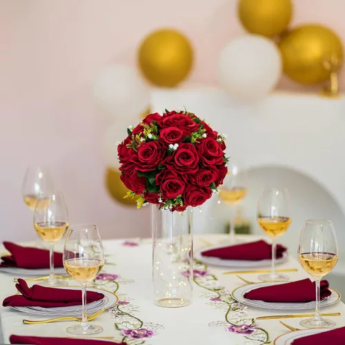 Miniatura 3 de BLOSMON Bolas de flores, centros de mesa de rosas de boda: 2 piezas de flores falsas carmesí decoración de bolas de besos Arreglos florales