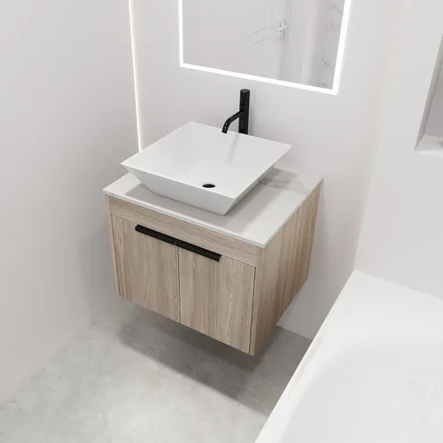 Miniatura 12 de Juego de tocador de baño flotante de 22 pulgadas con lavabo, moderno tocador de baño montado en la pared con lavabo de cerámica y puerta de cierre