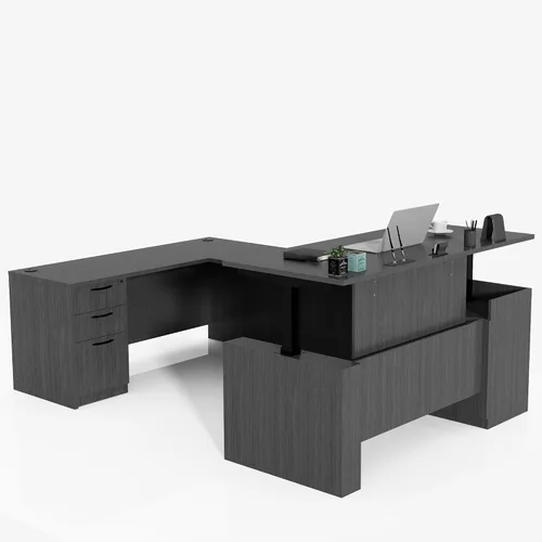 Miniatura 10 de Escritorio ejecutivo de pie en forma de L de 66.93 pulgadas con marco premontado y armarios con cerradura, escritorio de altura ajustable con doble