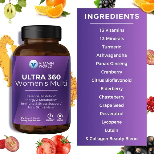 Miniatura 5 de Vitamin World Multivitamínico Ultra 360 para Mujeres, Multivitamínico para Mujeres con Hierbas y Colágeno para Cabello, Piel y Uñas, Suplemento