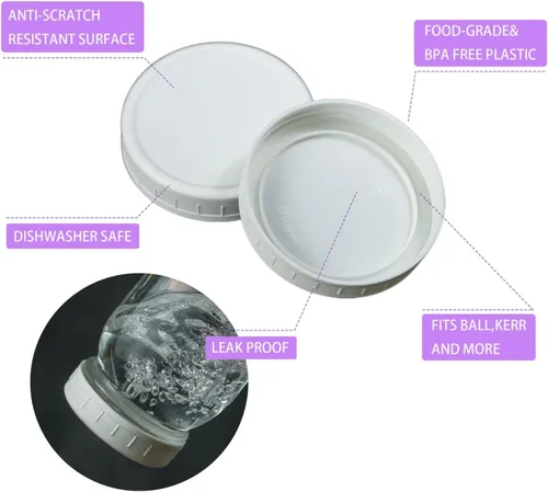 Miniatura 2 de Jumterlee Paquete de 36 tapas de plástico blanco para tarros Mason con anillos de silicona, 18 tapas de boca ancha y 18 tapas de tarro Mason de boca