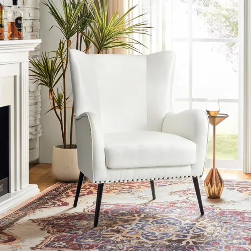 Miniatura 14 de HULALA HOME Silla decorativa de piel sintética con cojín extraíble, cómodo sillón tapizado con patas de metal negro y ribete de cabeza de clavo