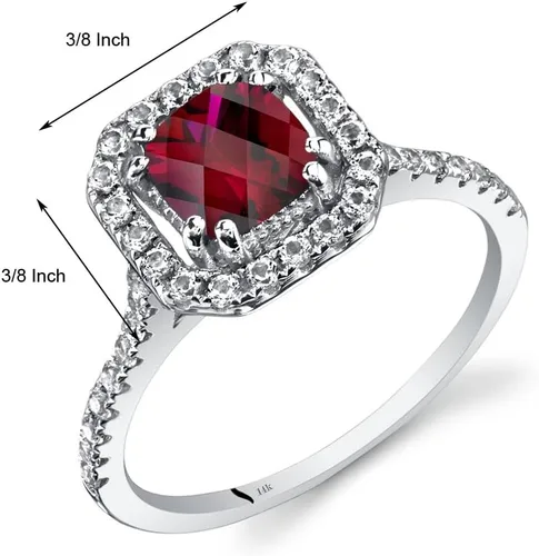 Miniatura 2 de PEORA Anillo de rubí creado para mujer, oro blanco de 14 quilates con topacio blanco auténtico, corte cojín de 1 quilate de 0.236 in, diseño