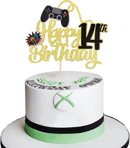 1 PCS Decoración para Pastel de Videojuegos Feliz Cumpleaños 14 con Purpurina, Palillo Decorativo de Pastel de Videojuegos Game On Controladores,