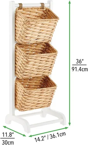 Miniatura 6 de mDesign Water Hyacinth - Cestas de almacenamiento de 3 niveles con cesta de mercado, estante vertical para sala de estar, lavandería, dormitorio