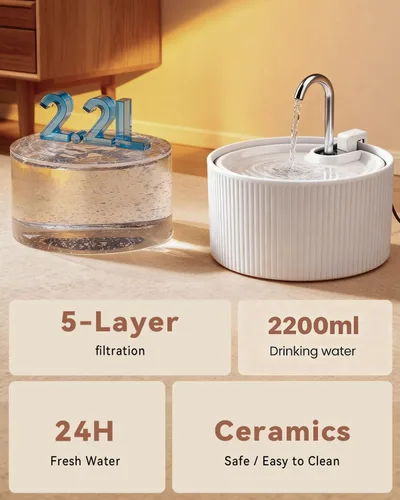 Miniatura 5 de Fuente de agua de cerámica para gatos, fuentes para gatos de 2.2 L/74 onzas para beber en interiores, fuente de agua para mascotas con bomba ultra