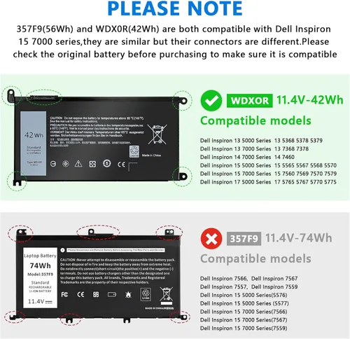 Miniatura 5 de WDX0R - Batería para portátil compatible con Dell Inspiron 13, 14, 15, 7000, 5000, Series 5379, 5567, 5570, 5579, 7378, 7573, 7579, Latitude 3500