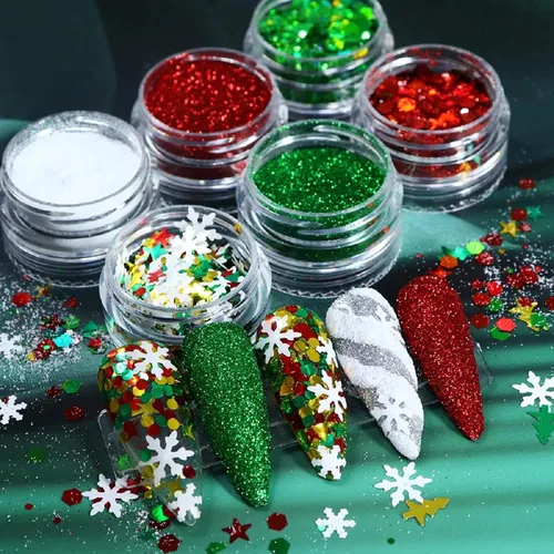 Miniatura 6 de Brillantina para uñas de Navidad, copos de nieve, lentejuelas de uñas rojo y verde, diseños de Navidad mezclados en polvo, hexágono, copos