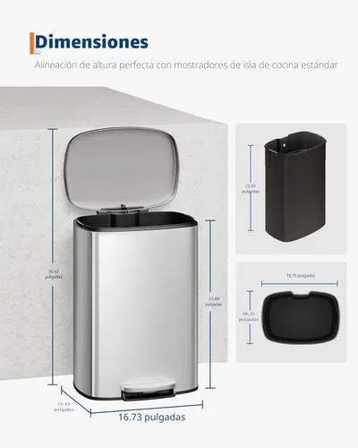 Miniatura 4 de Garvee Cubo de basura de acero inoxidable para cocina, de 13 galones / 50 L, gran capacidad, cubo de basura de metal inoxidable con tapa de cierre