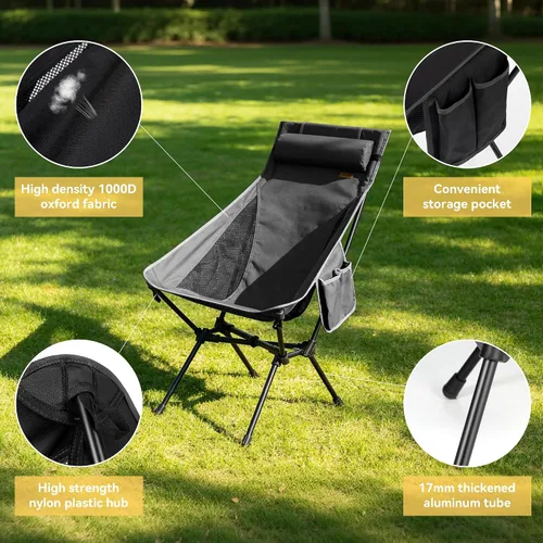 Miniatura 5 de TOBTOS Silla de camping portátil de respaldo alto, soporta 440 libras, silla plegable ultraligera con soporte para la cabeza, silla de mochilero