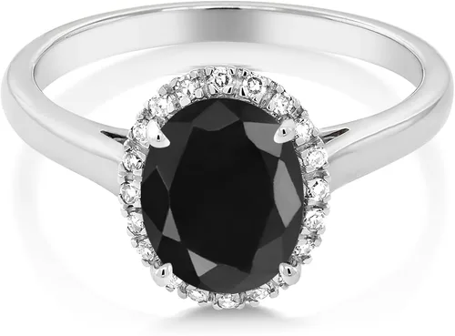 Miniatura 2 de Gem Stone King Anillo de compromiso de oro blanco de 10 quilates con zafiro negro para mujer ovalado de 254 quilates piedra natal de piedras