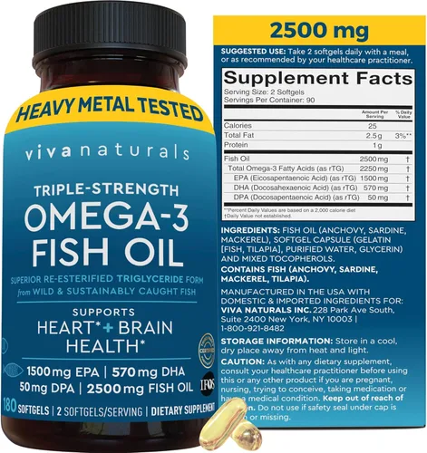 Miniatura 16 de Viva Naturals Aceite de Pescado Omega-3, Triple Fuerza, 2500 mg, 30 Cápsulas Blandas – Ácidos Grasos Omega 3 Re-Esterificados Incluyendo EPA, DHA