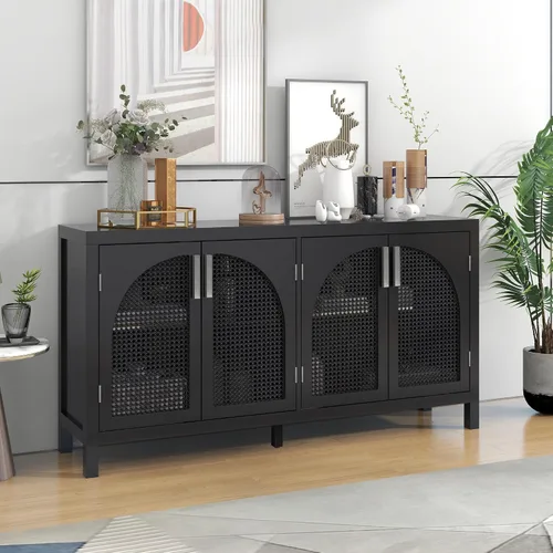 Miniatura 5 de Aparador de madera con puerta de ratán artificial y asas de metal, 4 puertas y estante ajustable, mesa de consola para comedor, sala de estar