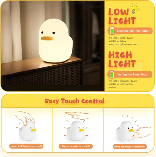 Miniatura 4 de UNEEDE Luz Nocturna LED Benson, Linda Luz Nocturna de Animal Pato de Silicona para Guardería Lámpara de Mesa Recargable Lámpara de Mesita de Noche