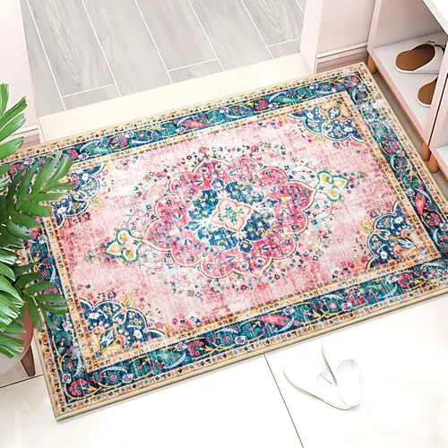 Miniatura 20 de Alfombra de área de 5 x 7 pies para sala de estar, alfombra verde boho antideslizante lavable, alfombra vintage de pelo bajo, alfombra grande