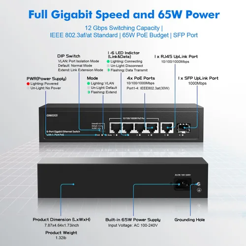 Miniatura 6 de Conmutador PoE Gigabit de 6 puertos, 4 POE+, 1 enlace ascendente, 1 SFP, IEEE802.3af/at, máx. 65W, VLAN y PoE Extend 820.2 ft, conmutador Ethernet