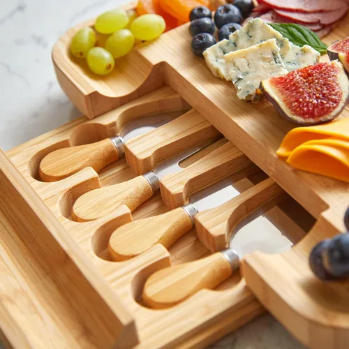 Miniatura 6 de RoyalHouse Juego de tabla de queso de bambú y cuchillos con cajón deslizante para cubiertos, juego de tablas de charcutería y plato de queso