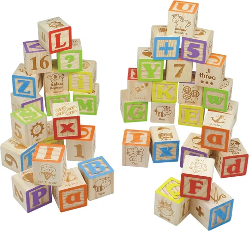 Bloques de madera deluxe de ABC; Letras del alfabeto talladas extragrandes para bebé, set de bloques para contar y construir, Maxim