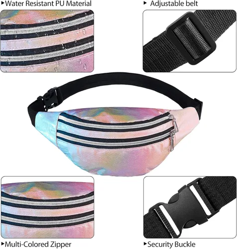 Miniatura 3 de Riñonera holográfica de 3 piezas para mujeres, hombres y niños, cintura deportiva de color metálico con bolsas y cinturón ajustable, paquete