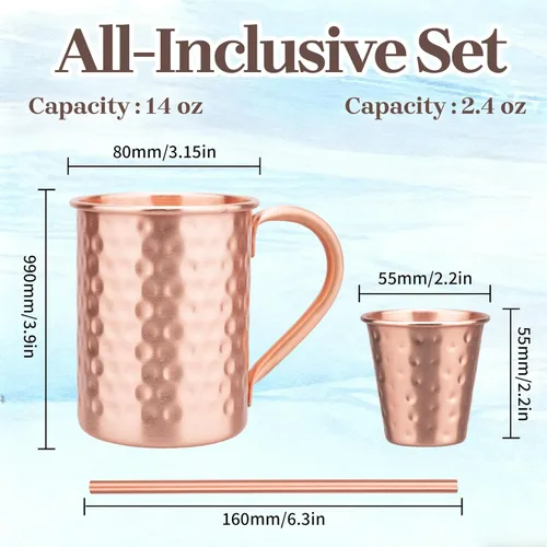 Miniatura 2 de Juego de 2 tazas de cobre 100% puro, tazas Moscow Mule con pajitas de cobre y jigger - Taza para beber en frío, taza martillada a mano, regalos