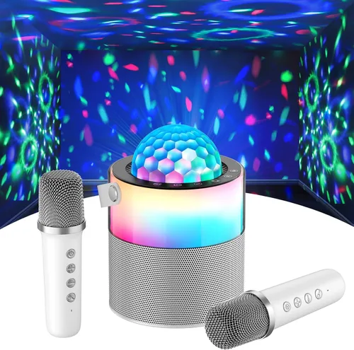 Miniatura 10 de Máquina de karaoke para niños, altavoz Bluetooth portátil con micrófono inalámbrico y luces LED, efectos de voz mágicos, para niñas, fiesta en casa